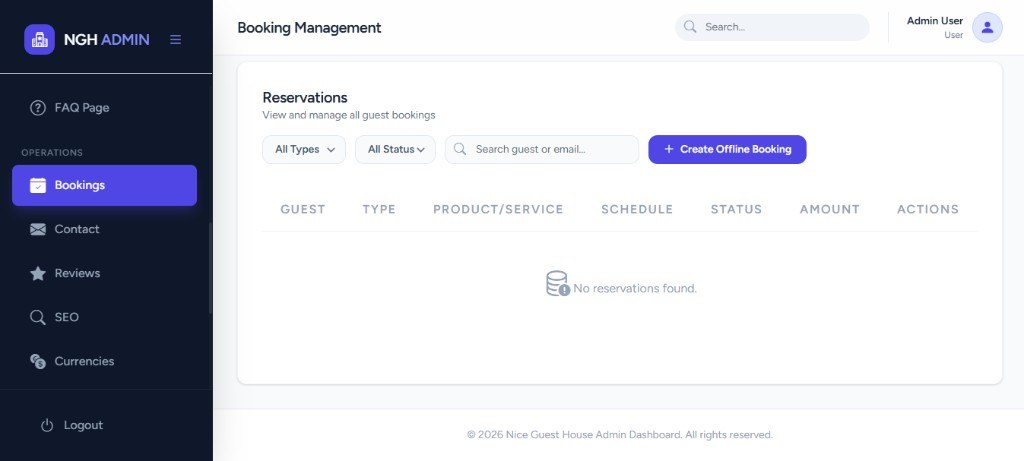 Nice Guest House booking management dashboard